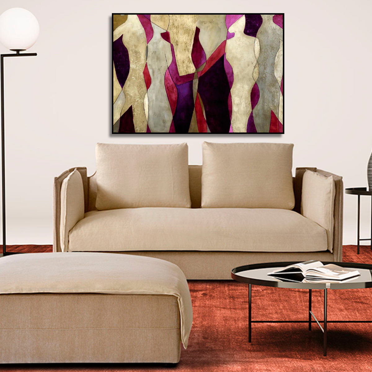 Room mockup showing cream abstract figures with angular bodies against burgundy, red and purple shapes.