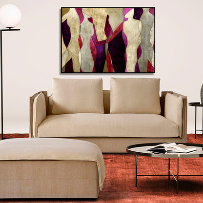 Room mockup showing cream abstract figures with angular bodies against burgundy, red and purple shapes.