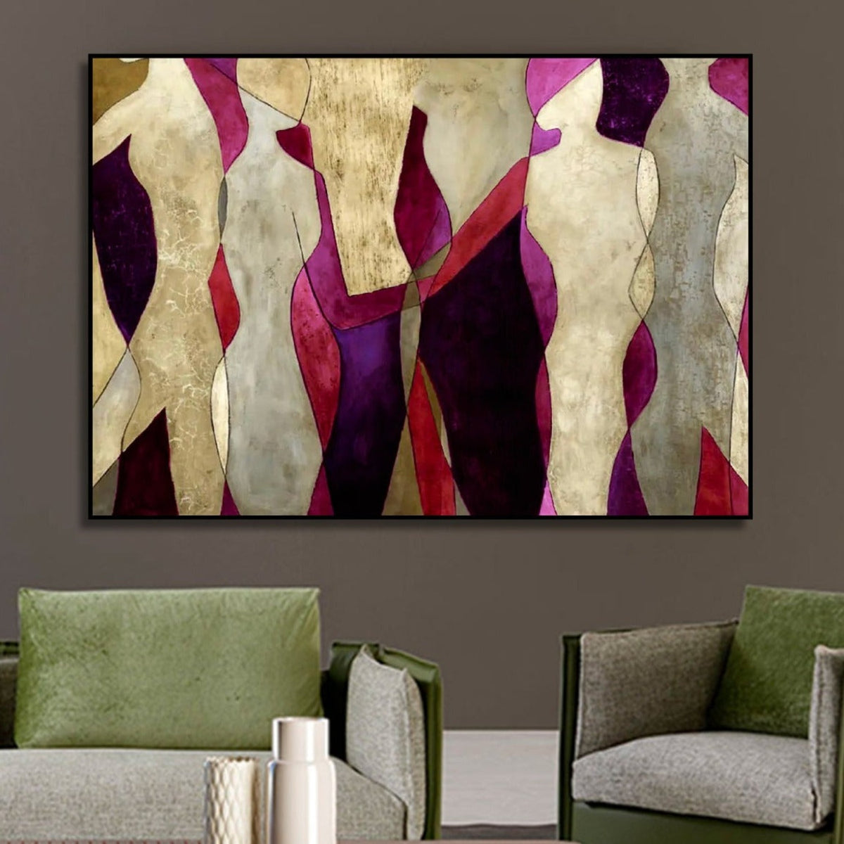 Room mockup showing cream abstract figures with angular bodies against burgundy, red and purple shapes.
