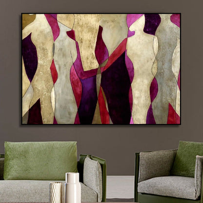 Room mockup showing cream abstract figures with angular bodies against burgundy, red and purple shapes.