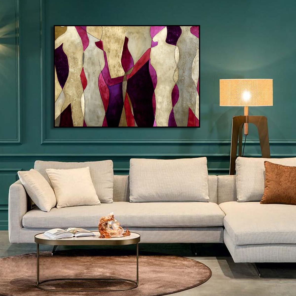 Room mockup showing cream abstract figures with angular bodies against burgundy, red and purple shapes.