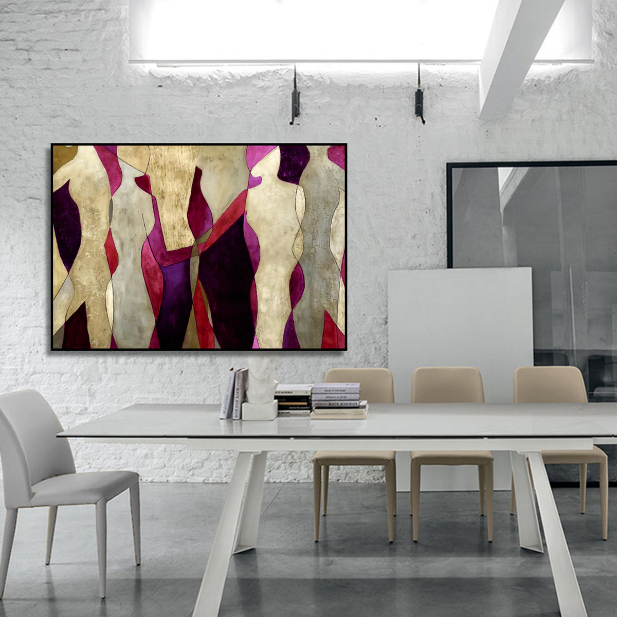 Room mockup showing cream abstract figures with angular bodies against burgundy, red and purple shapes.