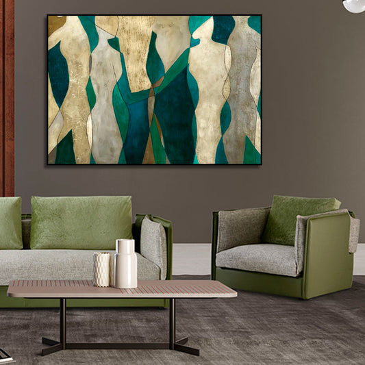 Room mockup showing cream abstract figures with angular bodies against deep teal and green shapes.