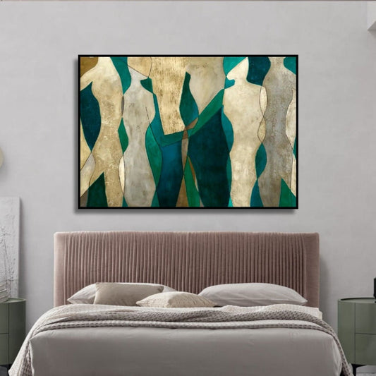 Room mockup showing cream abstract figures with angular bodies against deep teal and green shapes.