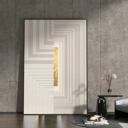 Room mockup. Nested cream and grey right-angle bands step around a narrow gold-coloured vertical bar.