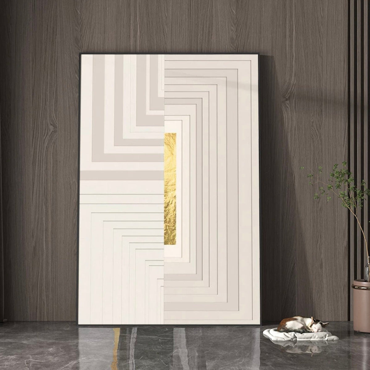 Room mockup. Nested cream and grey right-angle bands step around a narrow gold-coloured vertical bar.