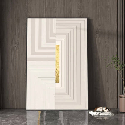 Room mockup. Nested cream and grey right-angle bands step around a narrow gold-coloured vertical bar.