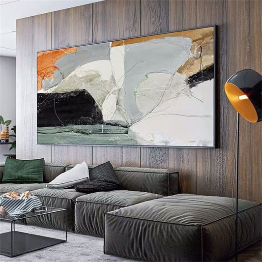 Room mockup. Large cream, pale grey and black irregular fields with fine scribbled curves and small orange and ochre corner patches.