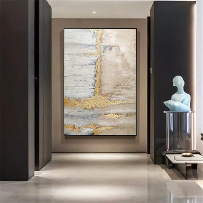 Room mockup. A rough gold-coloured vertical ridge crosses pale cream and grey horizontal scraped textures with shorter gold bands below.
