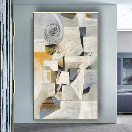 Room mockup. Angular cream and grey fragments with a grey spiral, black accents and an ochre patch form a layered abstract composition.