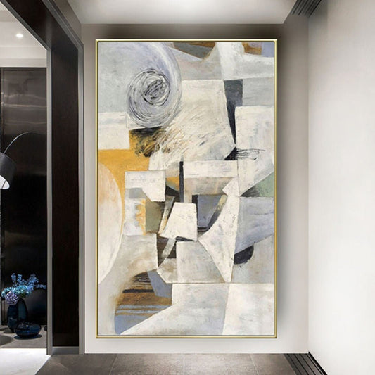 Room mockup. Angular cream and grey fragments with a grey spiral, black accents and an ochre patch form a layered abstract composition.