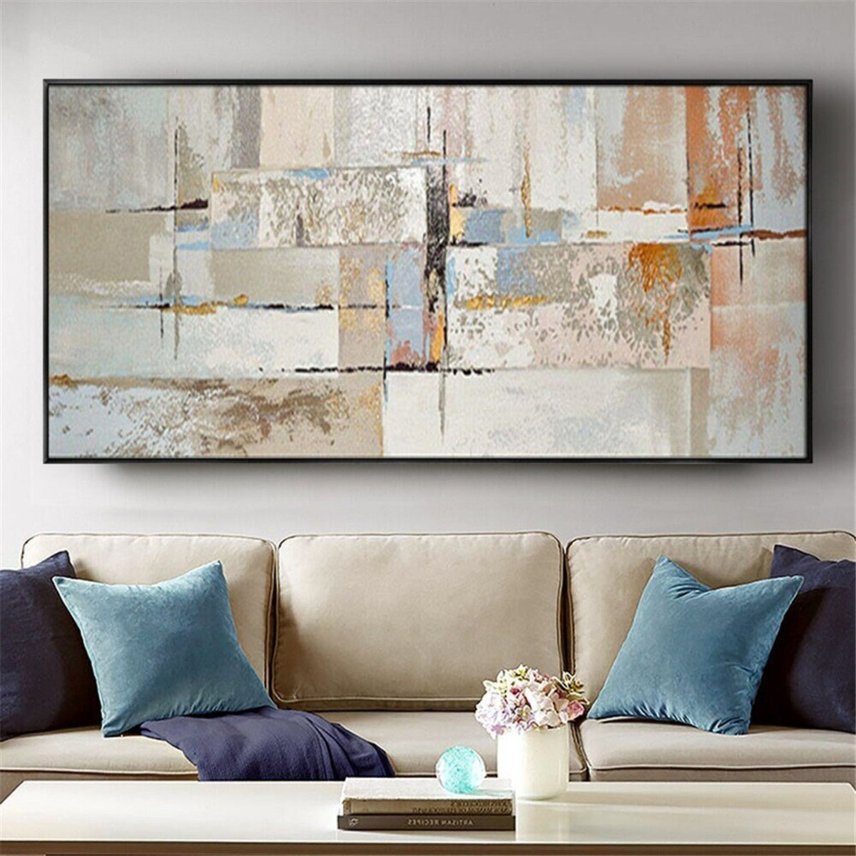Room mockup. Layered cream, grey and pale blue rectangles crossed by fine dark lines with muted ochre and rust patches.