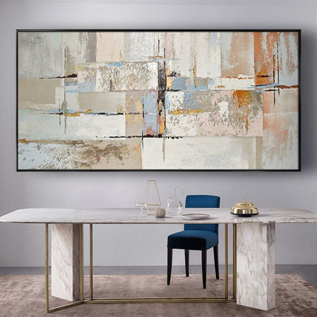 Room mockup. Layered cream, grey and pale blue rectangles crossed by fine dark lines with muted ochre and rust patches.