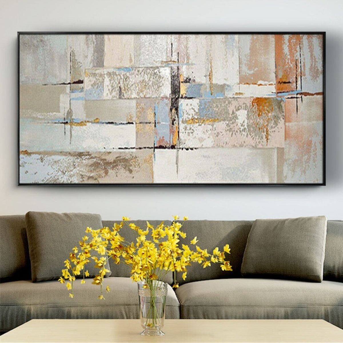 Room mockup. Layered cream, grey and pale blue rectangles crossed by fine dark lines with muted ochre and rust patches.