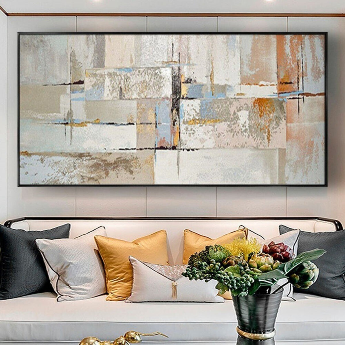 Room mockup. Layered cream, grey and pale blue rectangles crossed by fine dark lines with muted ochre and rust patches.