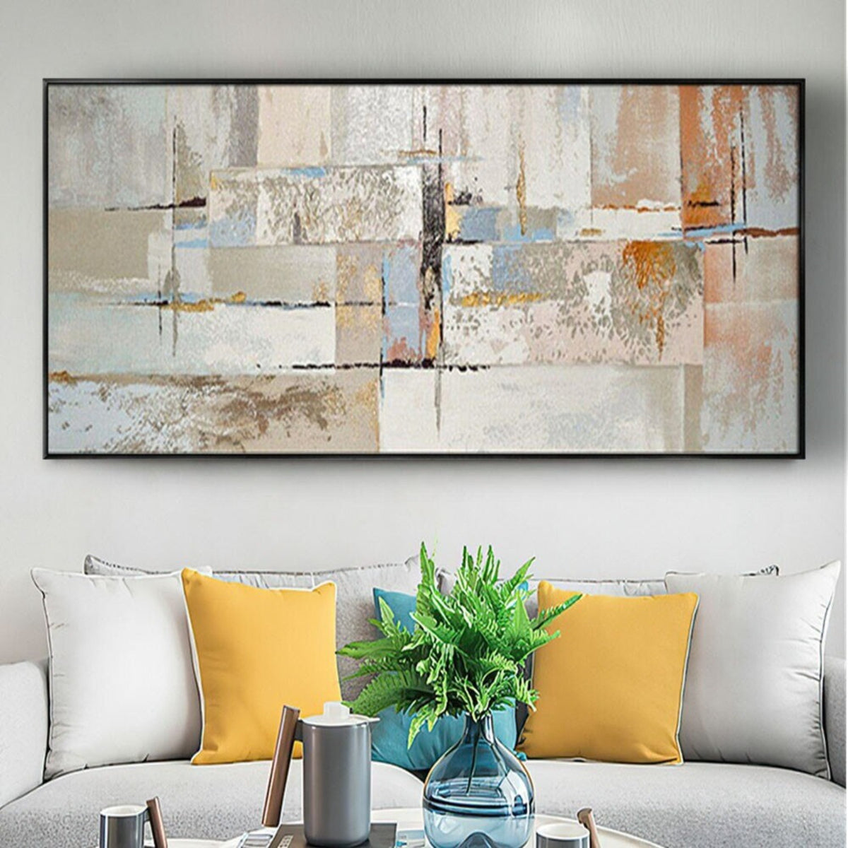 Room mockup. Layered cream, grey and pale blue rectangles crossed by fine dark lines with muted ochre and rust patches.