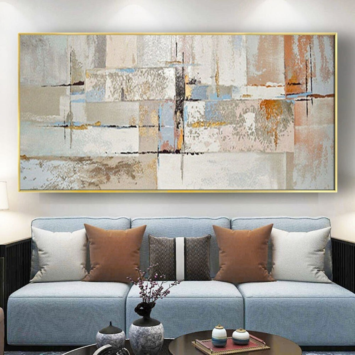 Room mockup. Cream, grey and pale blue textured rectangles intersect fine dark lines and small rust-orange patches.