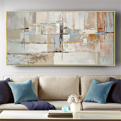 Room mockup. Cream, grey and pale blue textured rectangles intersect fine dark lines and small rust-orange patches.