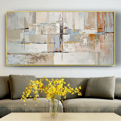 Room mockup. Cream, grey and pale blue textured rectangles intersect fine dark lines and small rust-orange patches.