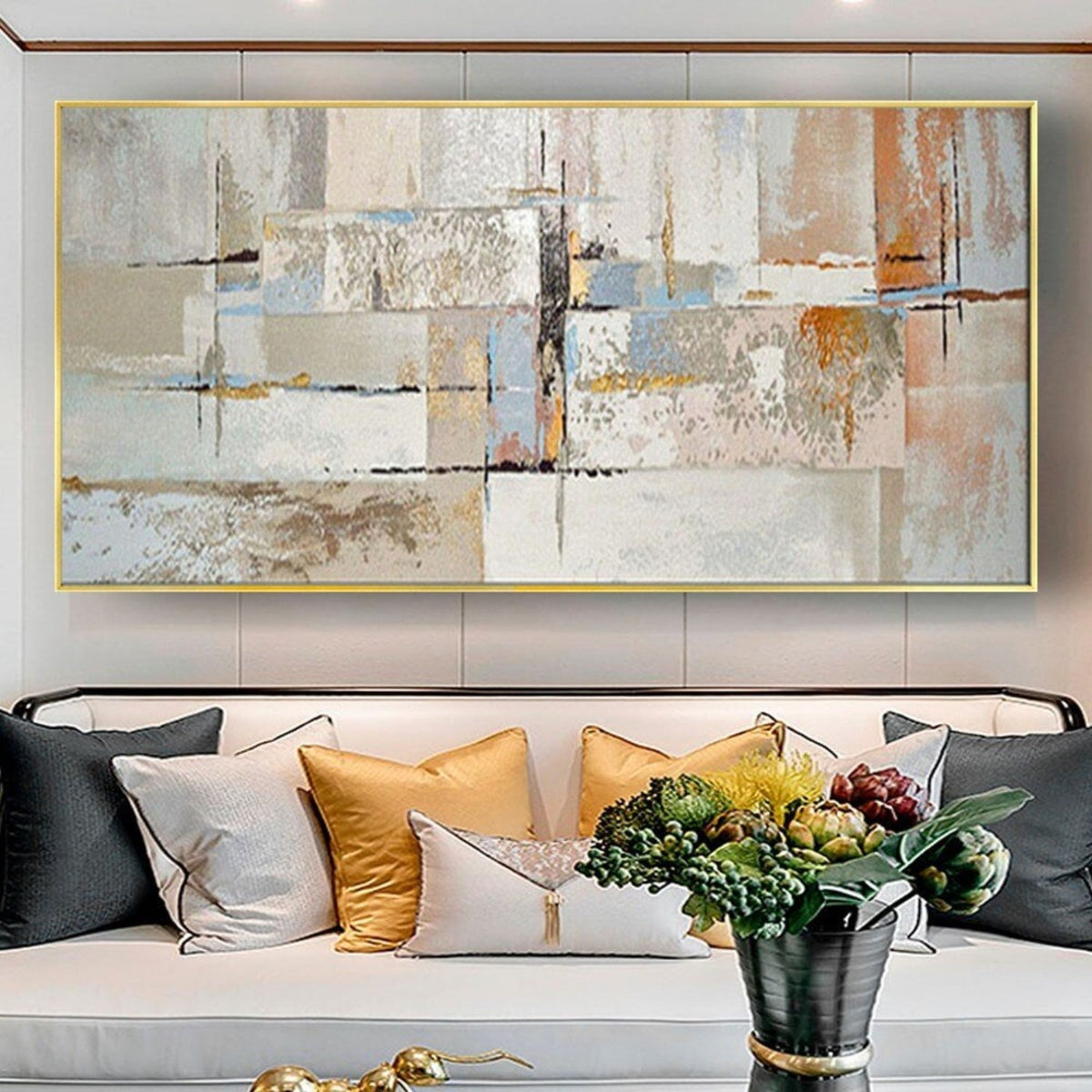Room mockup. Cream, grey and pale blue textured rectangles intersect fine dark lines and small rust-orange patches.