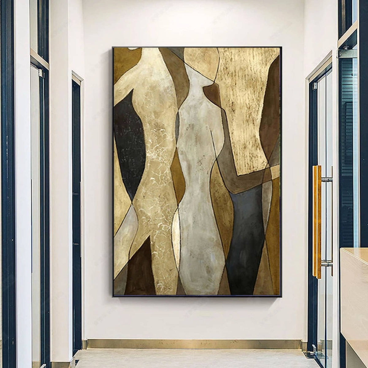 Room mockup. Simplified cream and ochre torso shapes overlap grey and black fields in a vertical abstract composition.