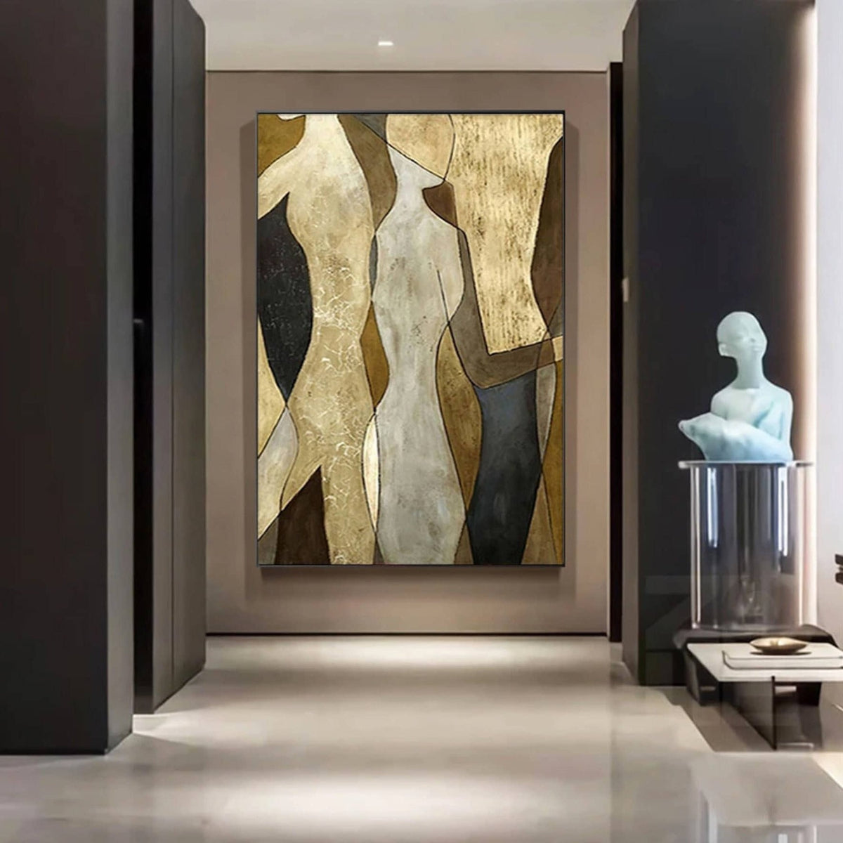 Room mockup. Simplified cream and ochre torso shapes overlap grey and black fields in a vertical abstract composition.