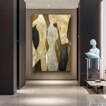 Room mockup. Simplified cream and ochre torso shapes overlap grey and black fields in a vertical abstract composition.