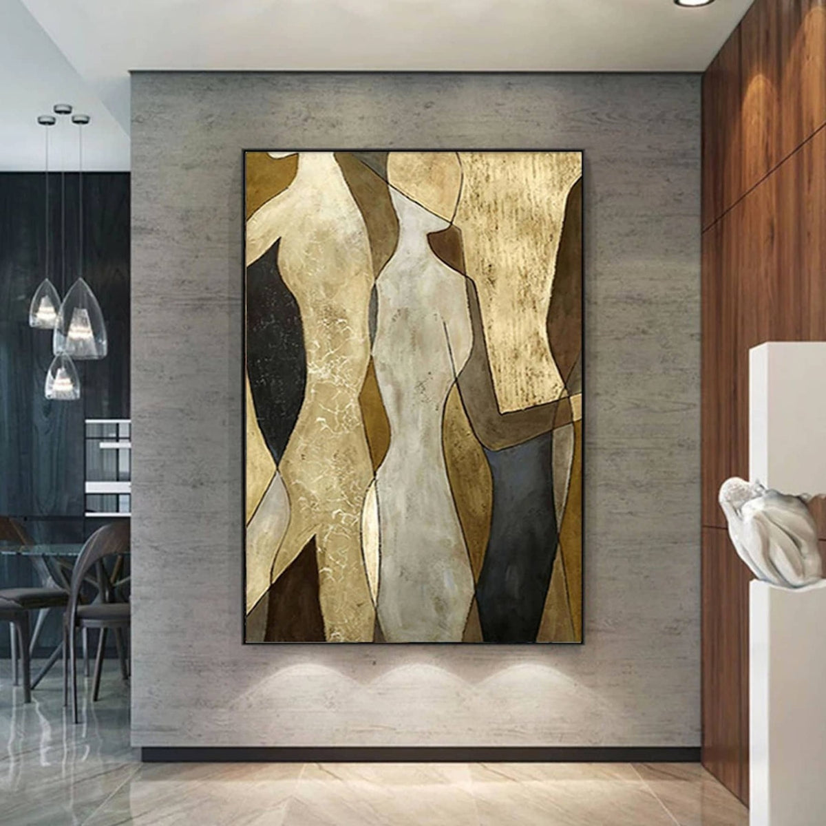 Room mockup. Simplified cream and ochre torso shapes overlap grey and black fields in a vertical abstract composition.