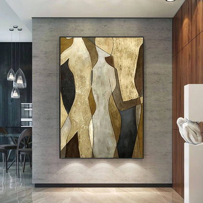 Room mockup. Simplified cream and ochre torso shapes overlap grey and black fields in a vertical abstract composition.