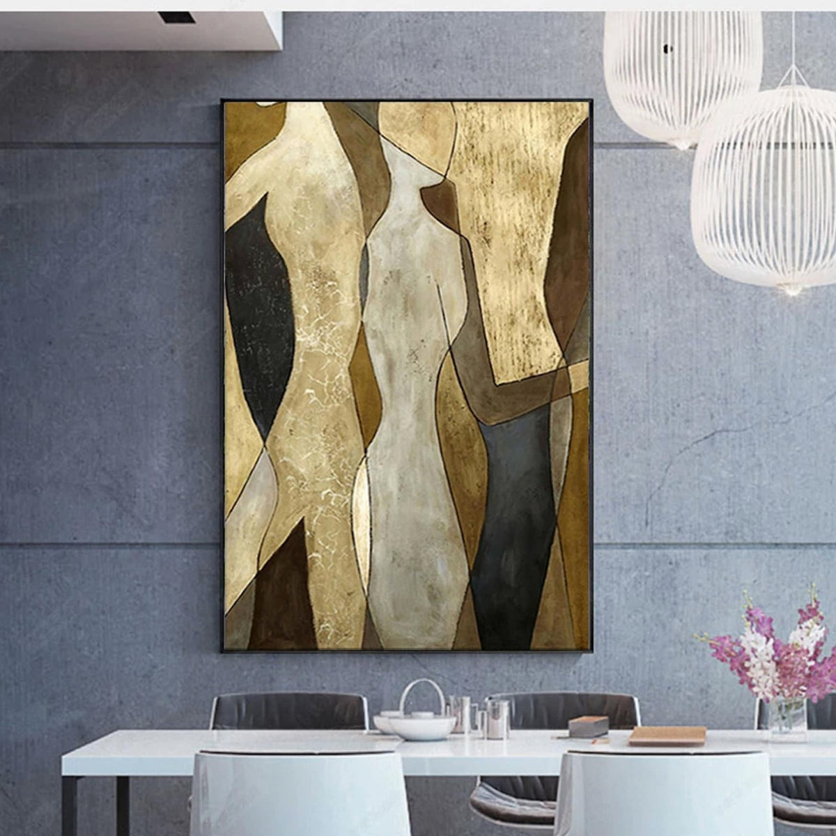 Room mockup. Simplified cream and ochre torso shapes overlap grey and black fields in a vertical abstract composition.