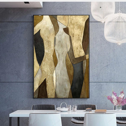 Room mockup. Simplified cream and ochre torso shapes overlap grey and black fields in a vertical abstract composition.