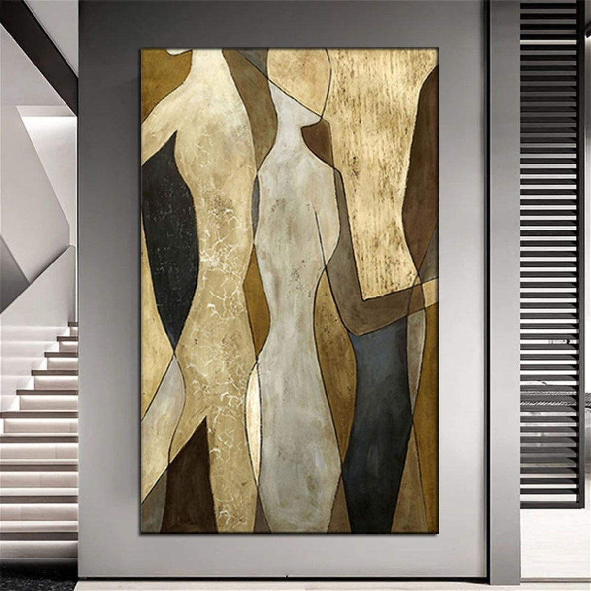 Room mockup. Simplified cream and ochre torso shapes overlap grey and black fields in a vertical abstract composition.