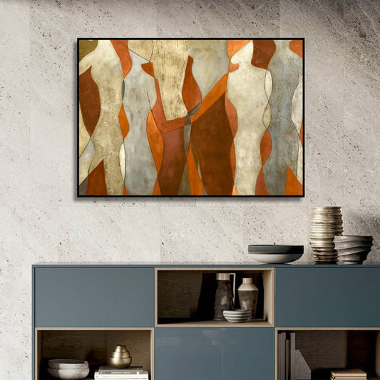 Room mockup showing cream abstract figures with angular bodies against orange and brown shapes.