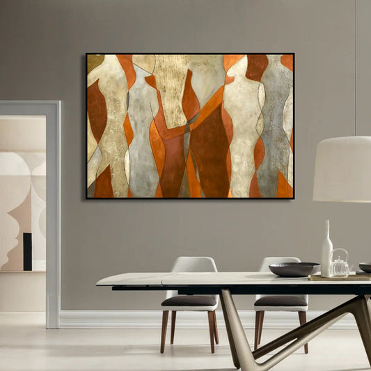 Room mockup showing cream abstract figures with angular bodies against orange and brown shapes.
