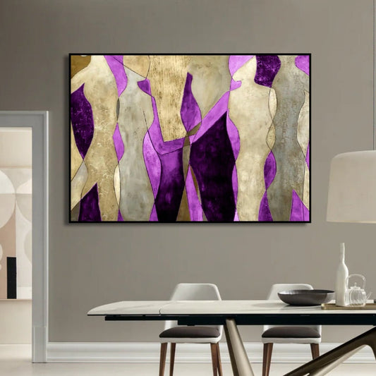 Room mockup showing cream abstract figures with angular bodies against violet and dark purple shapes.