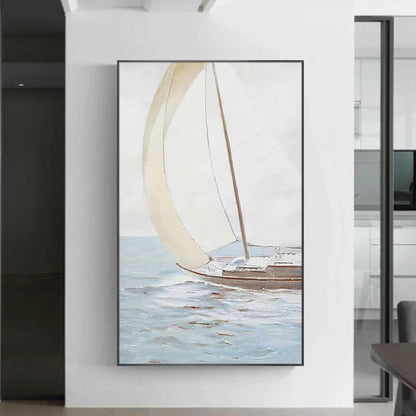 Room mockup. A small brown-hulled boat with a broad curved cream sail on pale blue-grey water beneath a soft white sky.