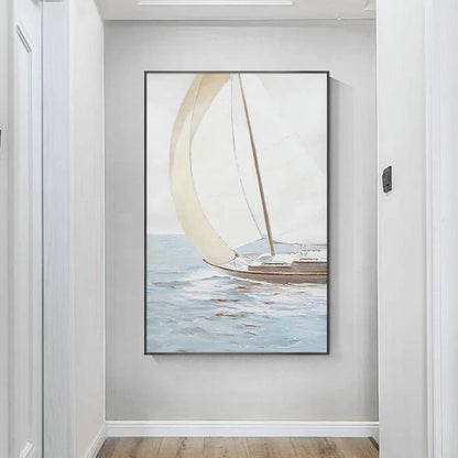 Room mockup. A small brown-hulled boat with a broad curved cream sail on pale blue-grey water beneath a soft white sky.