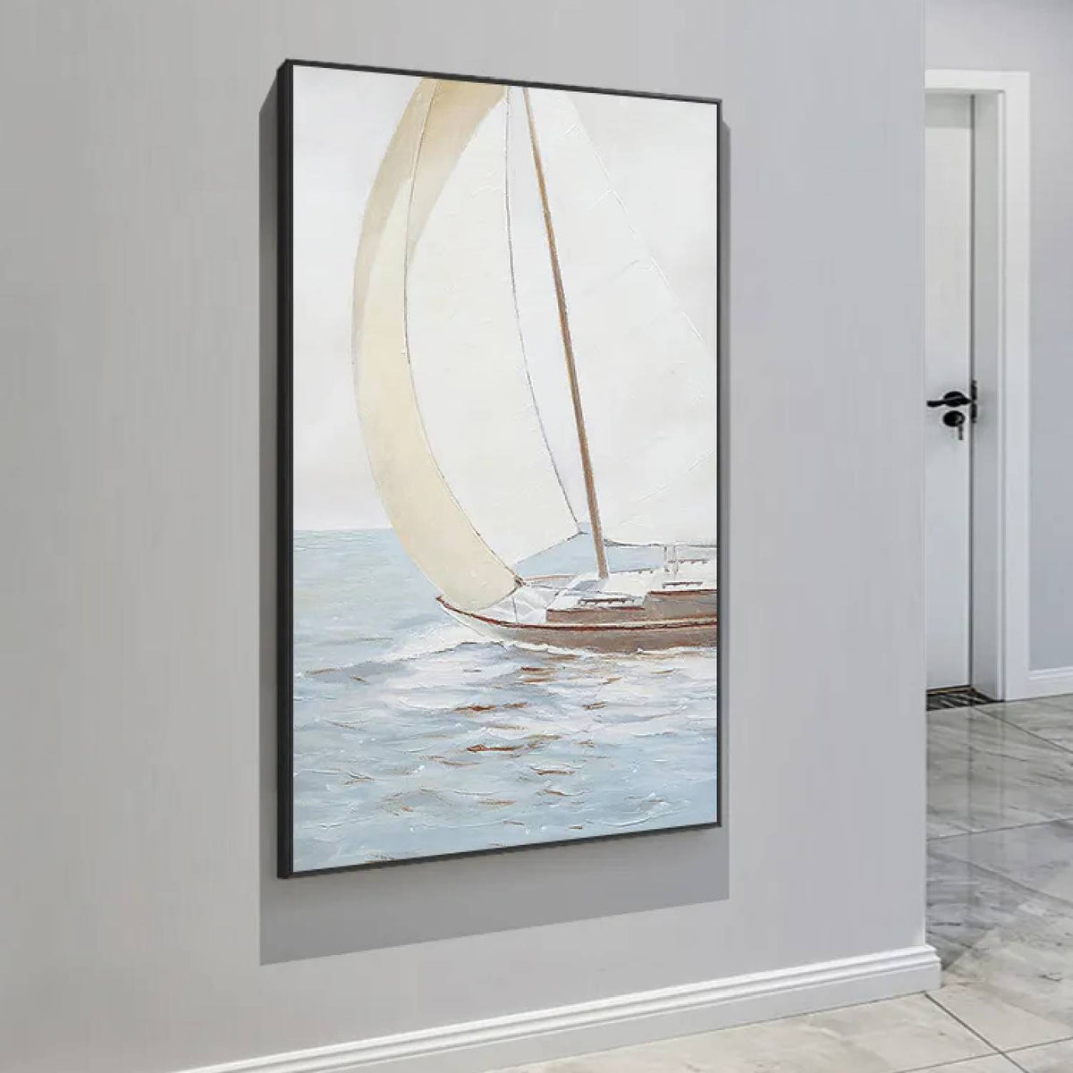 Room mockup. A small brown-hulled boat with a broad curved cream sail on pale blue-grey water beneath a soft white sky.