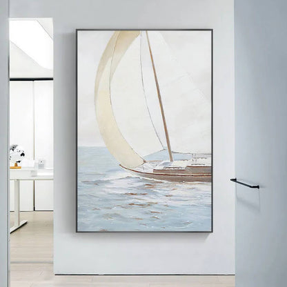 Room mockup. A small brown-hulled boat with a broad curved cream sail on pale blue-grey water beneath a soft white sky.