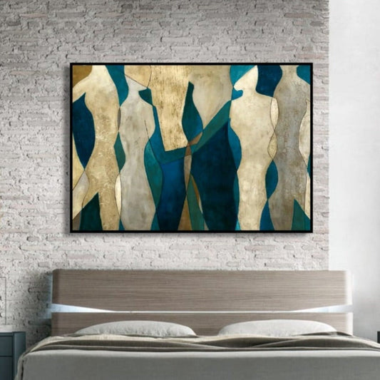 Room mockup showing cream abstract figures with angular bodies against teal and dark blue shapes.
