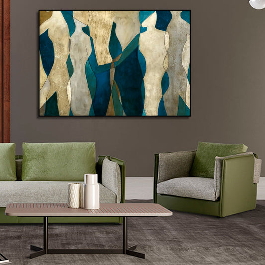 Room mockup showing cream abstract figures with angular bodies against teal and dark blue shapes.