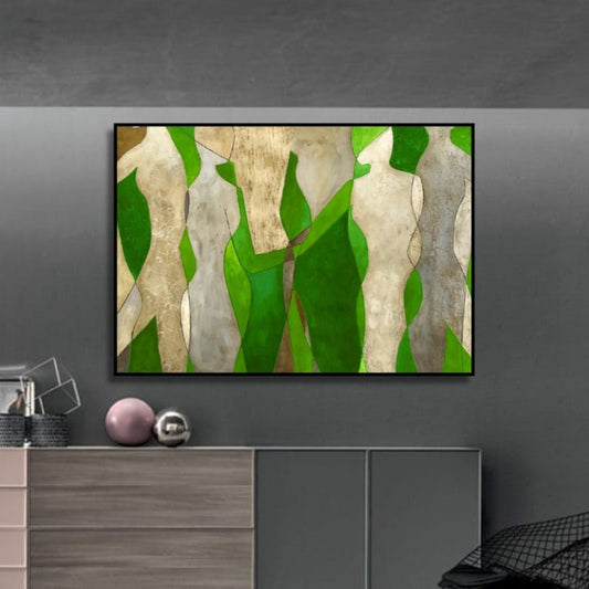 Room mockup showing cream abstract figures with angular bodies against vivid green and olive shapes.