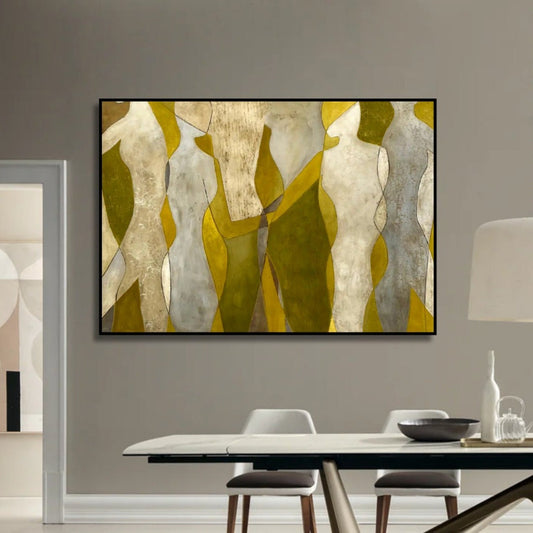 Room mockup showing cream abstract figures with angular bodies against mustard yellow and olive shapes.