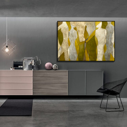 Room mockup showing cream abstract figures with angular bodies against mustard yellow and olive shapes.
