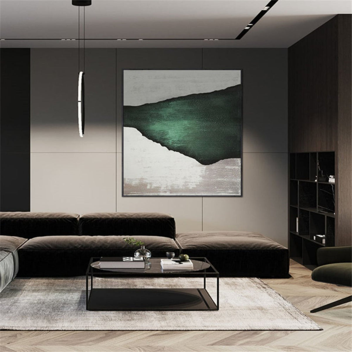Room mockup. A broad dark green irregular wedge narrows toward the left across pale grey and cream textured fields.