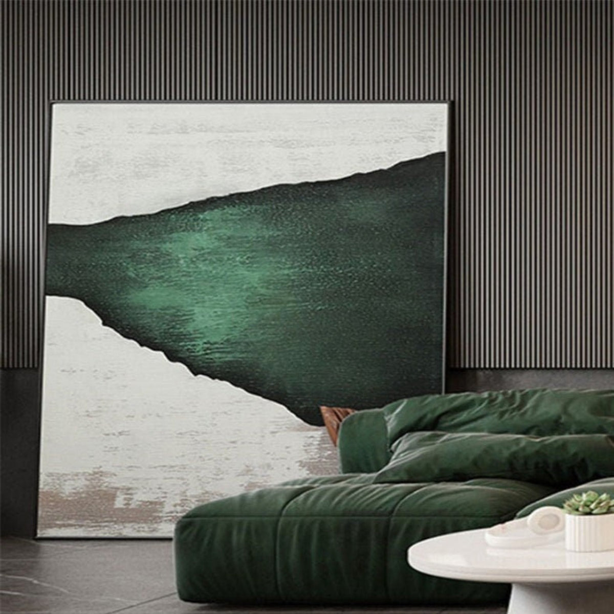Room mockup. A broad dark green irregular wedge narrows toward the left across pale grey and cream textured fields.