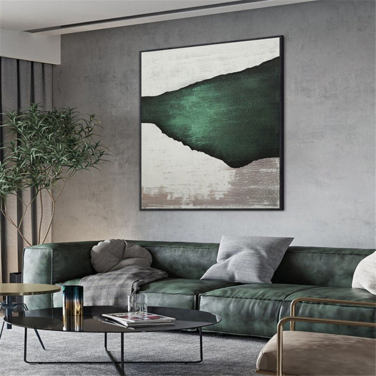 Room mockup. A broad dark green irregular wedge narrows toward the left across pale grey and cream textured fields.
