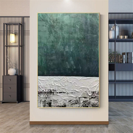 Room mockup. A broad mottled dark green upper field above a thick white ridged lower strip with black scraped marks.