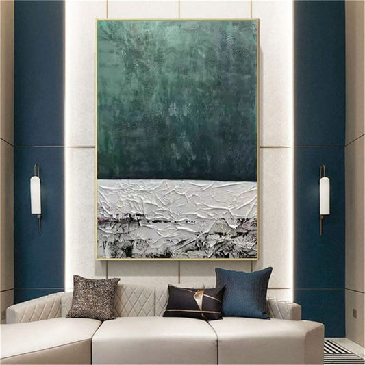 Room mockup. A broad mottled dark green upper field above a thick white ridged lower strip with black scraped marks.
