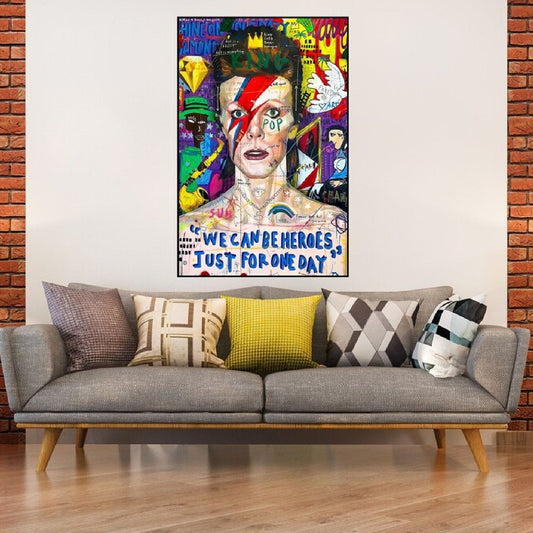 Room mockup. David Bowie portrait with a red and blue lightning bolt across his face, surrounded by bright graffiti lettering.
